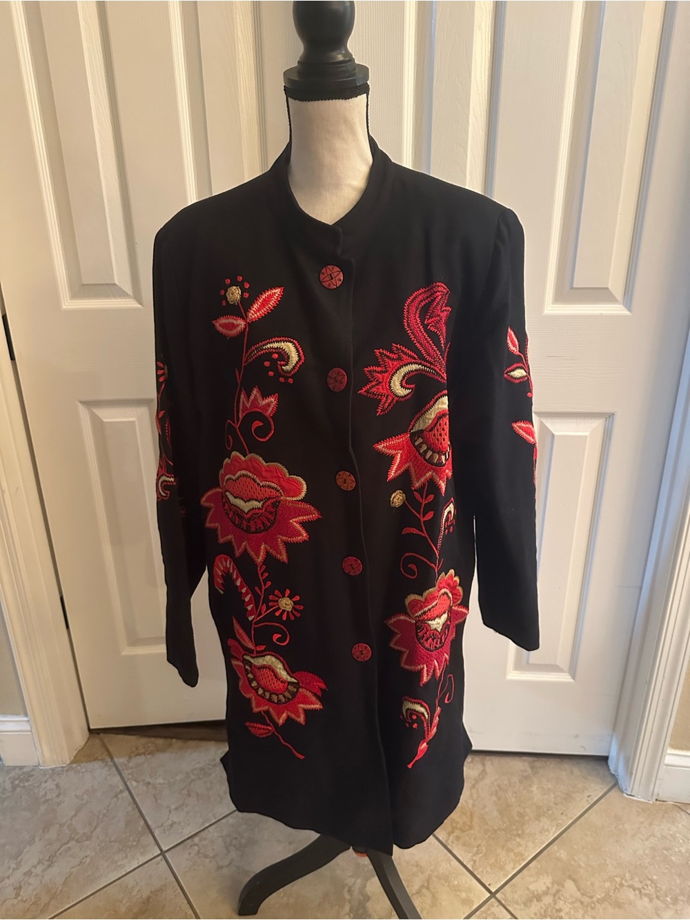 Indigo Moon Embroidered Black, Red & Taupe Women’s Long Jacket with Floral Motif